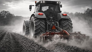 Traktor auf dem Feld beim Eggen